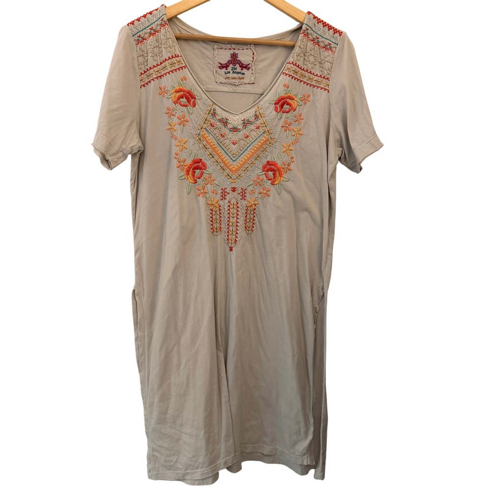 JW Los Angeles Embroidered T-Shirt Dress Womens L Grey Excellent Boho Floral